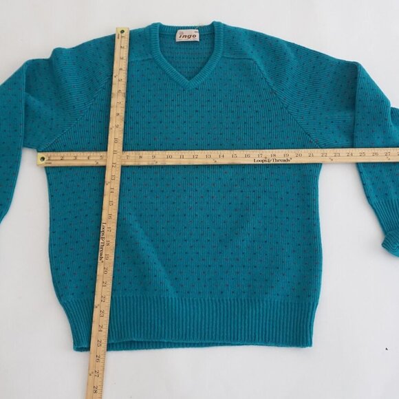 Vintage '90S Ingo Teal Green 100% Wool Eclectic Grandpa V-Neck  Sweater Medium - Picture 3 of 10